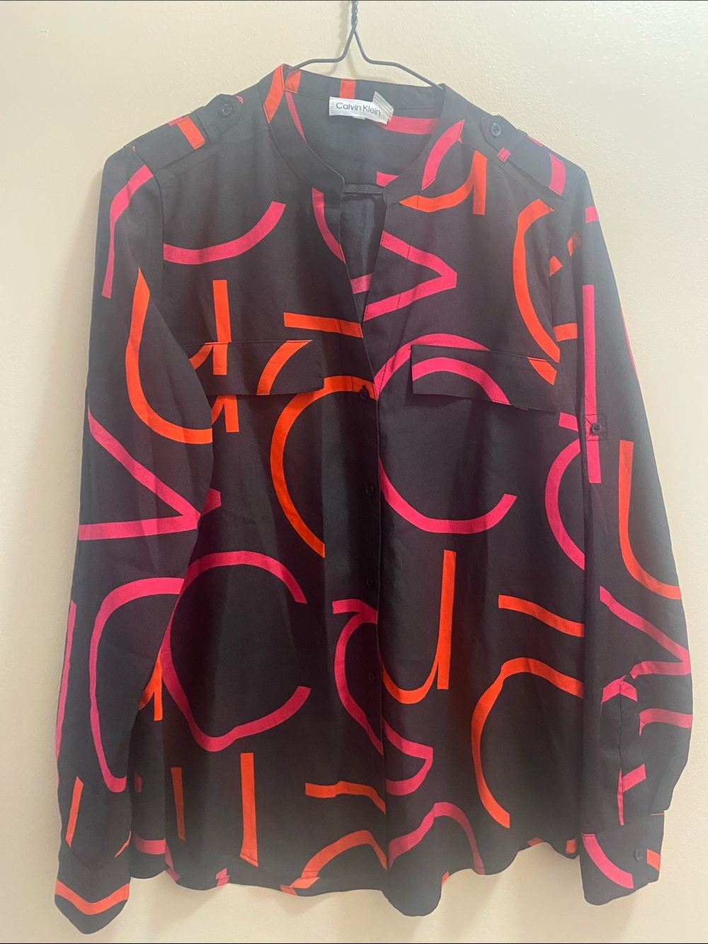 Calvin Klein Black Blouse with Pink & Orange Logo Motif